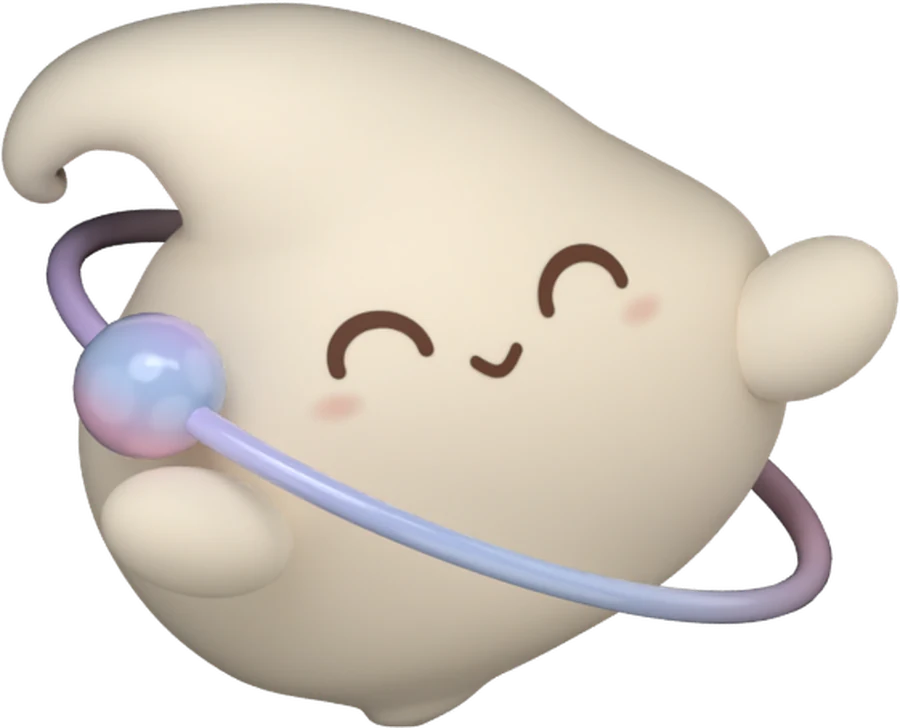 O Nilo: uma gota cor de creme, sorridente, com bracinhos e um anel lilás com uma pérola em volta do corpo.